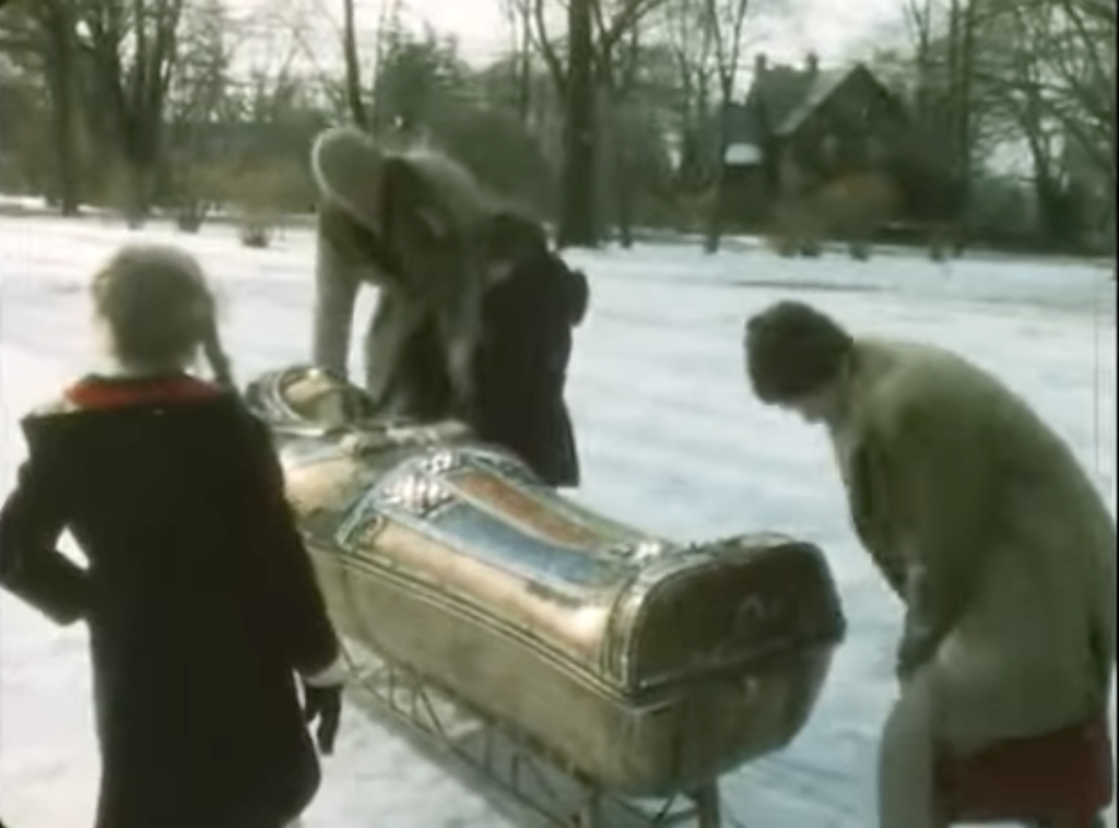 The bejeweled sarcophagus that delivers the titular character in The Electric Grandmother
